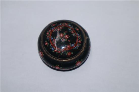 A Japanese ivory cane handle, a faux amber lion-dog and an enamel and ivory pill box